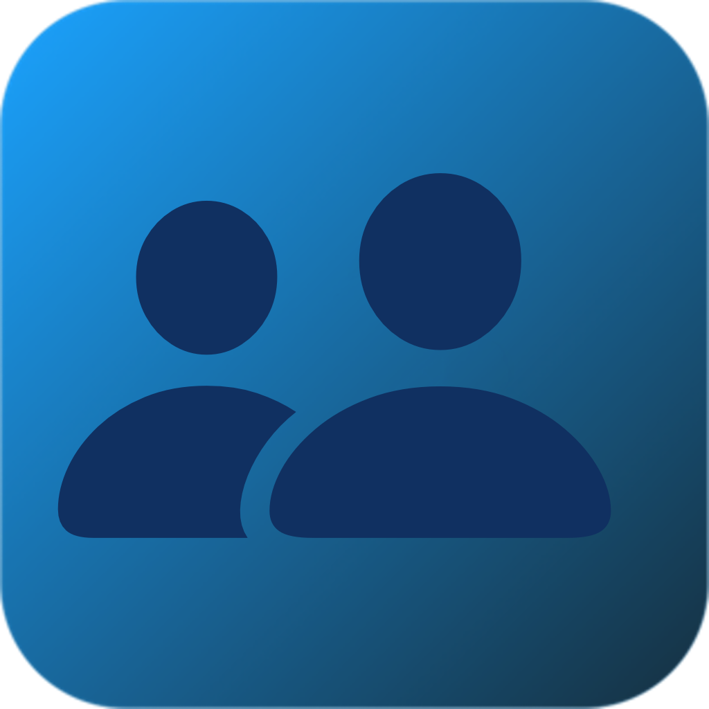Blue gradient background with two people representing a meeting.